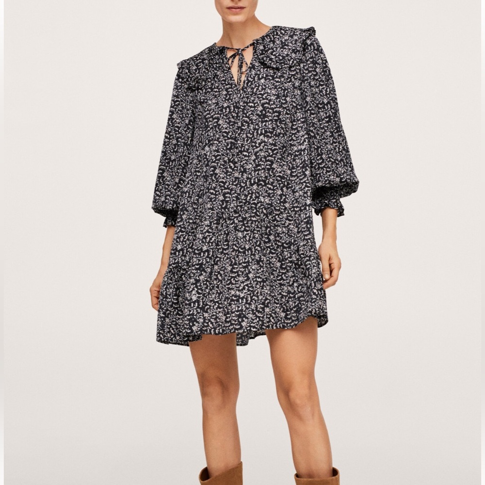 Mango MNGO Black White Baby Doll Puff Sleeve Ruffle Collar Floral Mini Dress 8
